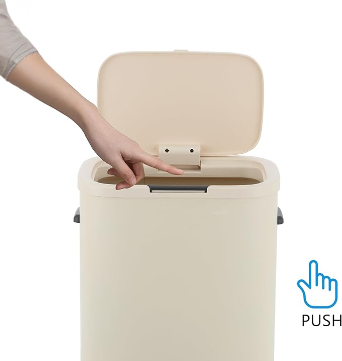happimess HPM1017D Tammi Kitchen 14.5-Gallon Slim Metal Push Button Trash Can, Fingerprint Resistant, Modern, Minimalistic for Home, Kitchen, Laundry Room, Office, Bedroom, Bathroom, Limestone Beige