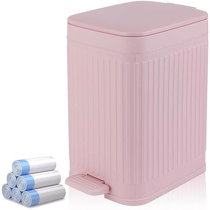 rejomiik Small Bathroom Trash Can with Lid 1.9 Gallon Step Trash Can Slim Garbage Can with Soft-Close Waste Bin for Bathroom, Bedroom, Office, Dorm, RV, Pink