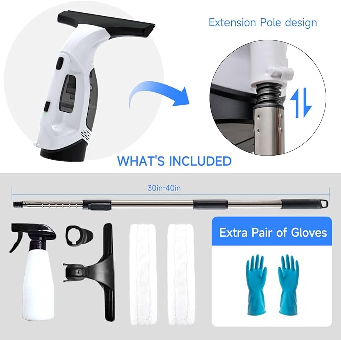 Window Vacuum Cleaner, Cordless Electric Window Cleaner with 2000Pa Streak-Free Suction, 30–40" Extension Pole, 11-Inch Squeegee Tool for High Windows, Shower Glass, Tiles & Mirrors