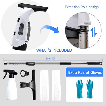Window Vacuum Cleaner, Cordless Electric Window Cleaner with 2000Pa Streak-Free Suction, 30–40" Extension Pole, 11-Inch Squeegee Tool for High Windows, Shower Glass, Tiles & Mirrors