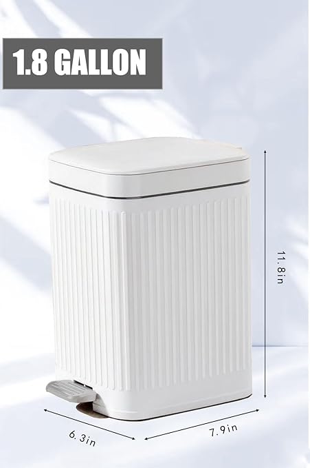 Feisco Small Trash Can with Lid,Small Bathroom Trash Can with Foot Pedal and Press Type Lid,Slim Step-On Trash Bin Wastebasket Garbage Can for Kitchen,Bathroom Office, Bedroom (White, 1.8 Gallon)