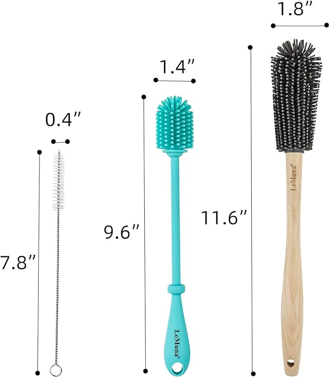 Silicone Bottle Brush Set with Wooden Handle - Silicone Brush & Straw Cleaner for Hydro Flask, Sports Bottle, Glassware