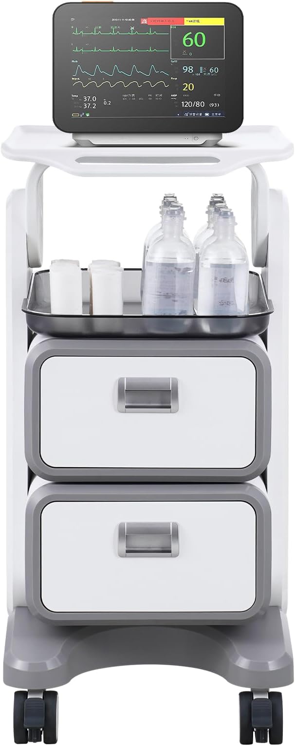 VEVOR 3 Tiers Lab Carts, Lab Utility Cart with 2 Drawers & 1 Top Tray, Mobile Medical Cart with ABS Material, Lab Rolling Cart with 4 Silent Wheels for Lab, Clinic, Hospital, Salon, White