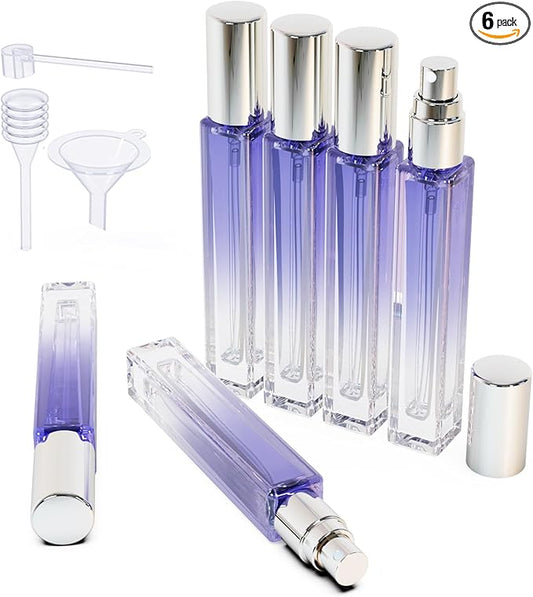 10ml 6Pack Refillable Perfume Travel Bottle,Mini Glass Spray Bottles, Fine Mist Portable Travel Perfume Atomizers (Blue+silvery cap)