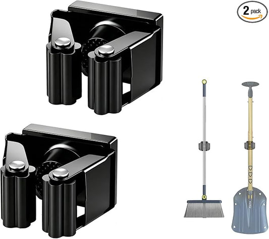 Magnetic Broom Mop Holder Wall Mount - 2 Pack Heavy Duty No Drill Hooks for Garage Kitchen Bathroom RV, Waterproof Tool Organizer, 9 lbs Capacity, Fits 0.6-1.5 inch Handles