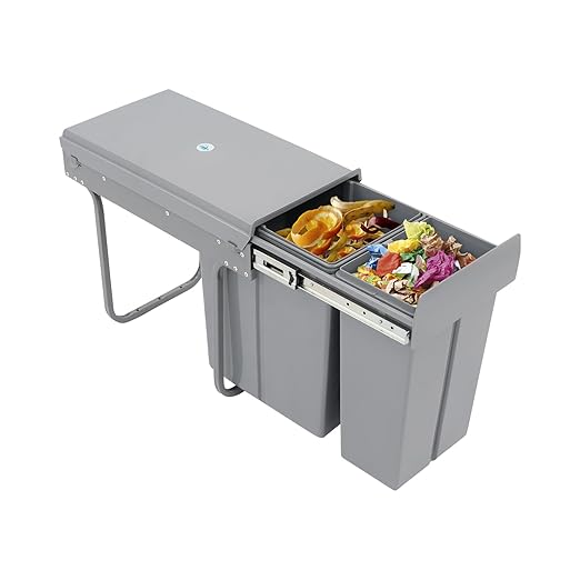 Pullout Trash Can, 10L + 20L Pull Out Under Cabinet Trash Can with Lid, Kitchen Cabinet Garbage Can Sliding Out Under Counter Waste Bin (Grey)