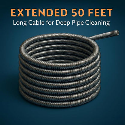 50 FT Drain Snake Hair Drain Clog Remover, Manual Or Powered, Plumbing Snake With Drill Adapte,Unclog Sink Drain Tool, Drain Auger for Toilet、Shower、Kitchen、Sink, No Auto Retract Or Feed, Blue