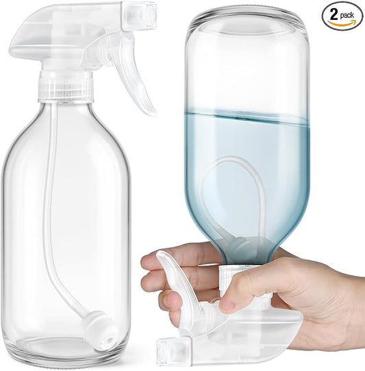 Tecohouse 2 Pack 360° Glass Spray Bottles Clear, 16 oz Empty Refillable Containers with Adjustable Spray Nozzles, Spray Bottles for Cleaning Solutions and Plants