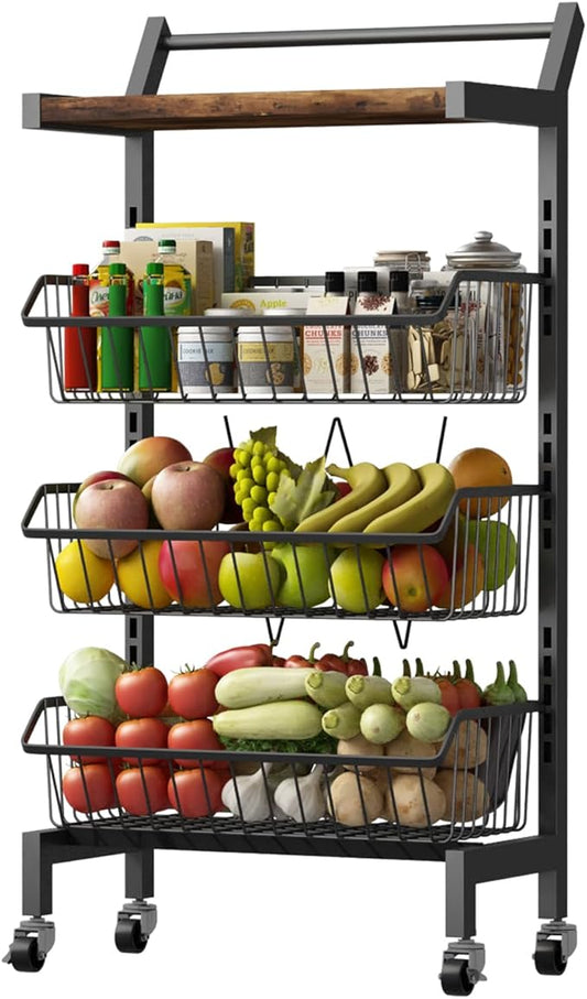 DGSANDGO 4-Tier Slim Rolling Storage Cart, Narrow Kitchen Cart with Lockable Wheels & Water-Resistant Wooden Tabletop, Small Space Utility Cart for Kitchen/Bathroom/Living Room/Laundry Room