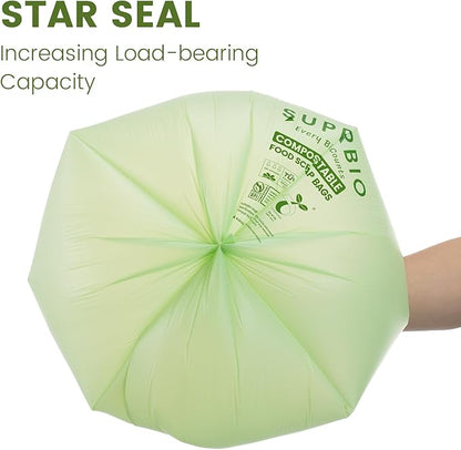 SUPERBIO 1.6 Gallon Handle Tie Compostable Food Scrap Bags, Small Compost Bags with Handles, 50 Count, 2 Pack, BPI & OK compost INDUSTRIAL