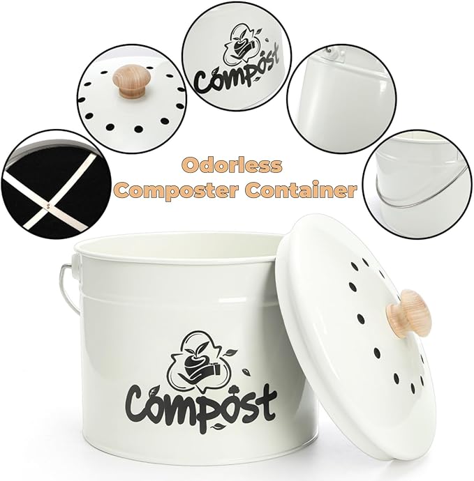Tlence Small Kitchen Compost Bin, 1 Gallon Odorless Composter Container, Food Waste Bucket with Charcoal Filter Lid, Indoor Farmhouse Composting Pail Canister for Trash Scraps, Carrying Handle