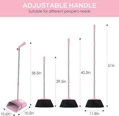 Broom and Dustpan Set for Home, 51-in Long Adjustable Handle Angle Broom and Dustpan Combo Set with Dust Pan Teeth to Clean Hair for Home Kitchen Office Lobby Floor Garden, Pink