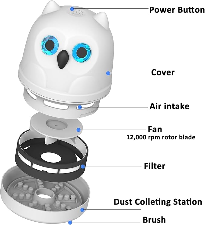 Mini Crumb Vacuum Cleaner Owl Tabletop Crumb Sweeper Vacuum USB Recharging Craft Desk Vacuum Cleaner for Glitter Paper Scraps Eraser Crumbs Pencil Shavings Cookie Crumbs