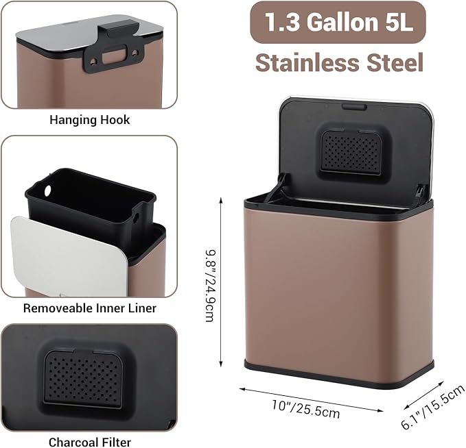 GarveeHome 1.3 gal/5L Countertop Compost Bin with Lid, Hanging Small Trash Can with Odor Control Charcoal Filter ＆ Bucket Under Sink for Kitchen, Hanging/Wall Mounted/Standing Food Waste Bin, Brown