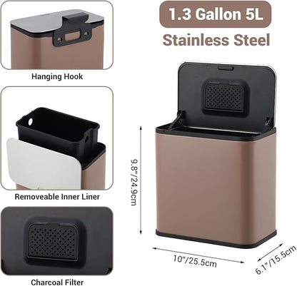GarveeHome 1.3 gal/5L Countertop Compost Bin with Lid, Hanging Small Trash Can with Odor Control Charcoal Filter ＆ Bucket Under Sink for Kitchen, Hanging/Wall Mounted/Standing Food Waste Bin, Brown