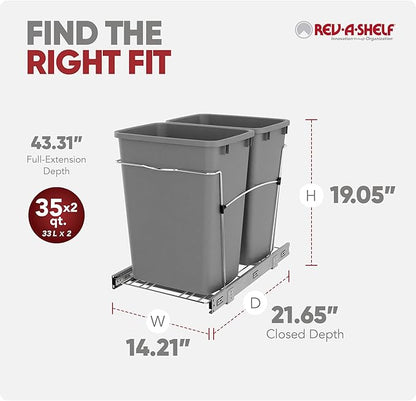 Rev-A-Shelf Double 35 Qt Pullout Trash Can for Base Kitchen Cabinets, Garbage Waste Bin System with Full-Extension Slides, Min Opening Width of 14.5", Silver, RV-18KD-17C S