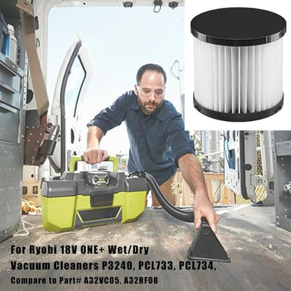 2 Pack Washable HEPA Filter Replacement for Ryobi 18V ONE+ Wet/Dry Vacuum Cleaners PCL733, PCL734, P3240 with Cleaning Brush, Compare to Part# A32VC05, A32RF08