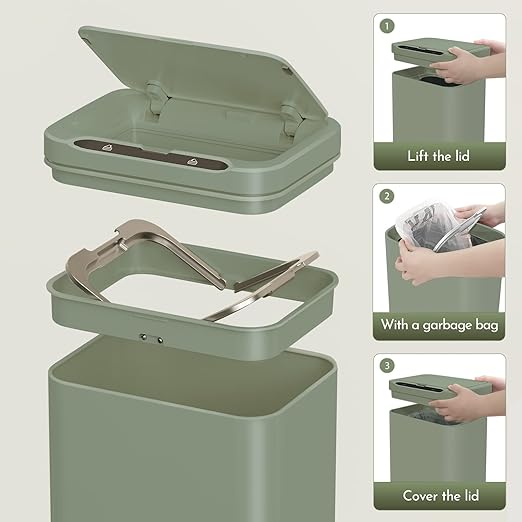 ELPHECO Stainless Steel Office Trash Can Motion Sensor Garbage Can Touchless Smart Trash Can Automatic Waste Bin for Kitchen, Office, Bathroom (Avocado Green, 3.5 Gallons)