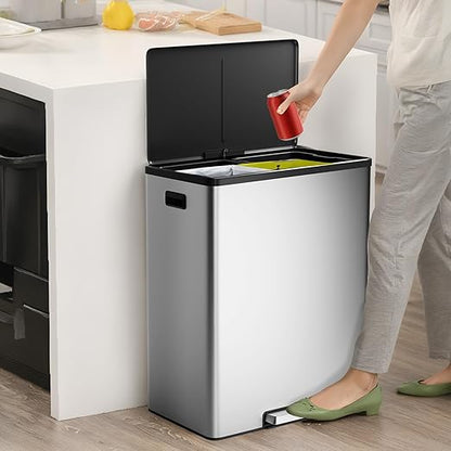 Large Stainless Steel Dual Compartment Recycling Trash Can 60 l/16 Gal Recycle Bins with Lid Waste Bin with Removable Buckets, Bathroom,Kitchen Garbage Can