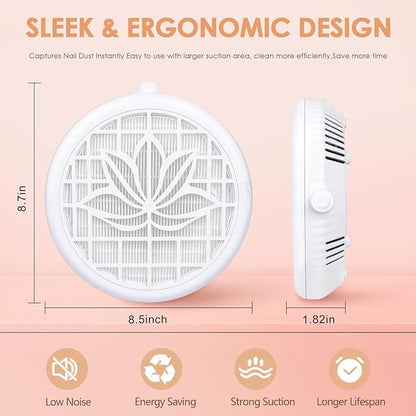 Nail Dust Collector for Nail Tech, 4500RPM Portable Nail Vacuum Fan with Adjustable Suction, 2Pcs Reusable Filter & Easy-Control for Beginners,Nail Students & Home Use, White
