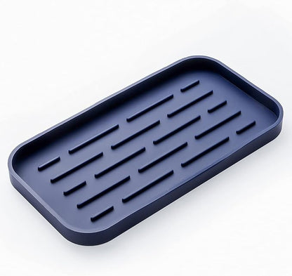 MicoYang Silicone Kitchen Sink Organizer Tray for Multiple Usage,Eco-Friendly Sponges Holder for Kitchen Bathroom Counter or Sink,Dish Soap Dispenser,Scrubber,Bottle,Cup (Navy Blue, 10"×5.3")