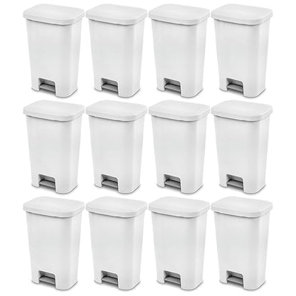 Sterilite 11.9 Gallon Rectangular Step On Kitchen Plastic Indoor Wastebasket with Wide Opening Lid and Comfort Handle for Home, White (12 Pack)