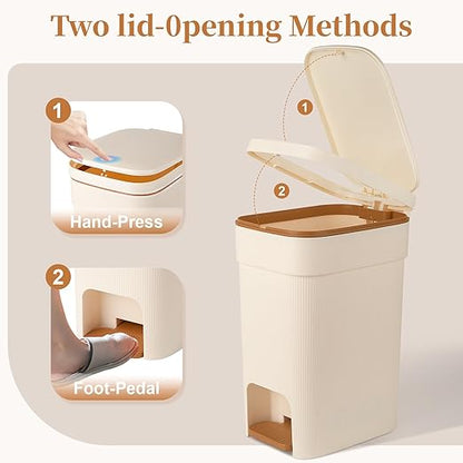 JiatuA Small Bathroom Trash Can with Lid Soft Close, 4 Gallon Step Garbage Can Slim Trash Bin Wastebasket for Kitchen Bedroom Office Living Room Toilet College Dorm, Cream
