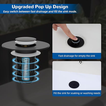 Hibbent 2 Pack 3 in 1 Bathroom Sink Drain Strainer, Universal Pop Up Stopper with Removable Stainless Steel Filter Basket Hair Catcher, Sink Plug for 1.1''~2.36'' Basin, Brass Bullet Core, Matte Black