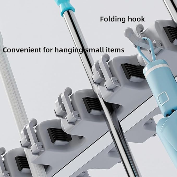 Stainless Steel Floor-Standing Mop and Broom Holder, Mobile Cleaning Supplies Organizer with Double Poles and Wheels, Freestanding Cleaning Caddy for Kitchen, Bathroom or Utility Room(Gray,67cm/26.4in