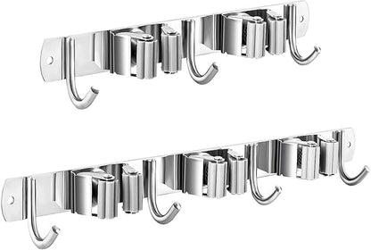 2 Pcs Mop Broom Holder Wall Mounted, Dustpan Holders, Stainless Steel Mop Hangers Organizer, Broom Rack, Utility Hook for Hanging Brooms and Mops(3 Racks 4 Hooks and 2 Racks 3 Hooks)