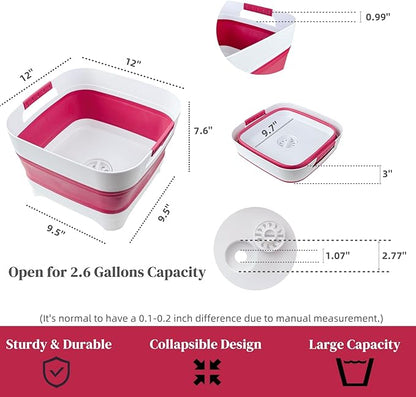 GIMWA 2.6 Gal(10L) Collapsible Camping Sink, Magenta Space-Saving Collapsible Dish Basin with Drain Plug for bottle washing, Collapsible Bucket for RV Essentials and Foot Soaking