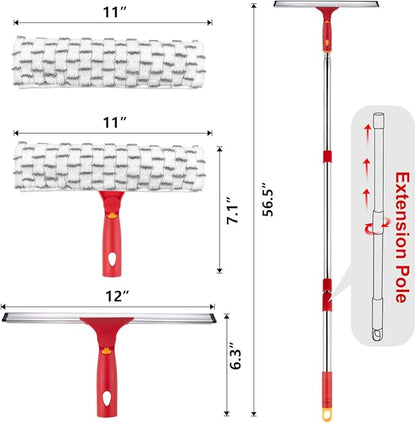 Squeegee for Window Cleaning, 12" Squeegee and 11" Microfiber Scrubber Combi with Stainless Steel Pole, Extendable Window Cleaner for Car, Sliding Door, Shower Glass Door-Swivel Style-2 Pads