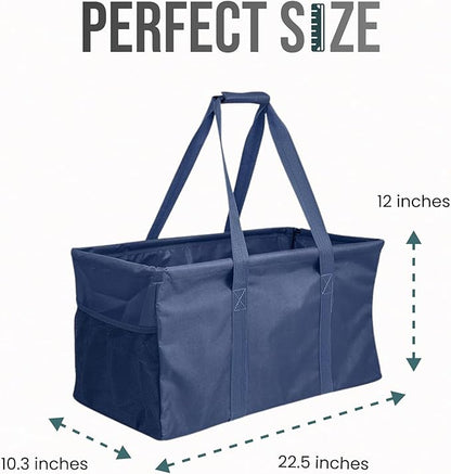 Extra Large Utility Tote Bag - Oversized Collapsible Reusable Wire Frame Rectangular Canvas Basket With Two Exterior Pockets For Beach, Pool, Laundry, Car Trunk, Storage - Navy Blue