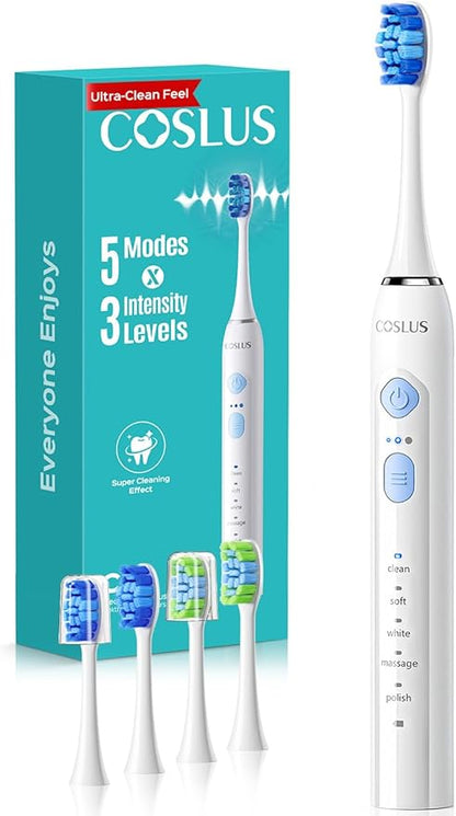 COSLUS C30 Electric Toothbrush for Adults & Kids: 3 Intensities & 5 Modes for Effective Yet Gentle Ultra-Clean Feel, 2 Types of Heads for Gentle & Daily Care, Travel & Family Use, Purple, 1PC