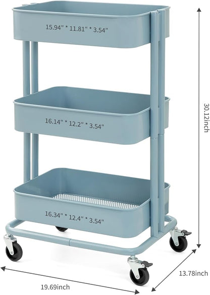 3 Tier Rolling Cart Metal Heavy Duty Utility Cart with Silent Caster Lockable Wheels Multi-Functional Organization Carts Storage Trolley with Mesh Shelves for Office Kitchen Living Room Blue