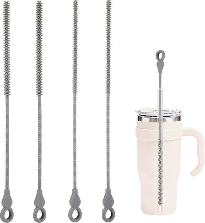 Silicone Straw Cleaner Brush, 4Pcs Reusable Straw Brush Set with Extra-Long Design for Cleaning Thin Metal Straws and Wider Milkshake Straws （6mm+9mm Gray)