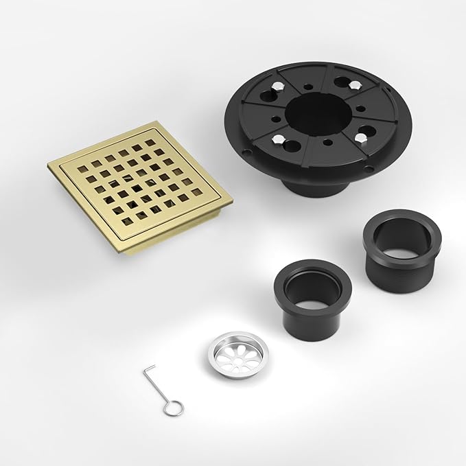 EXF Square Shower Drain 4-3/8 Inch Brushed Gold, Stainless Steel Shower Floor Drain Kit with ABS Flange, Removable Cover Grid Grate, Hair Strainer