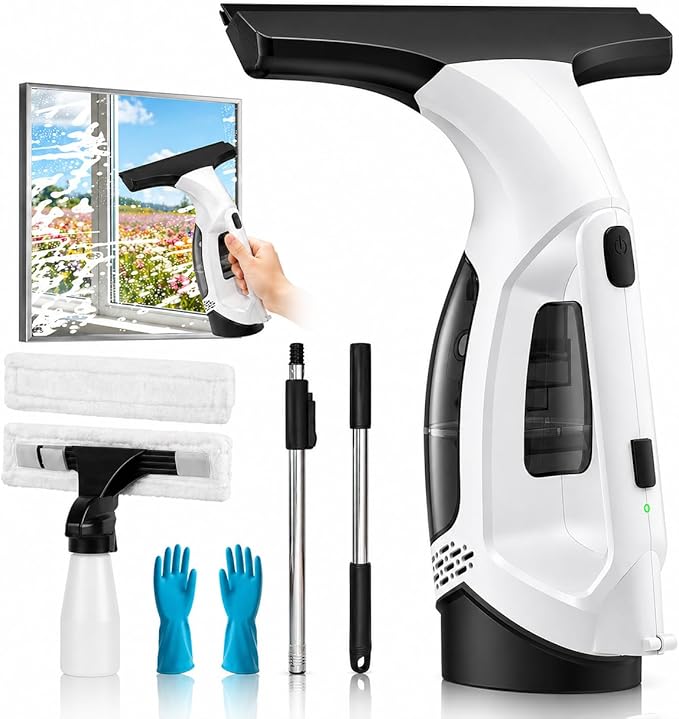 Window Vacuum Cleaner, Cordless Electric Window Cleaner with 2000Pa Streak-Free Suction, 30–40" Extension Pole, 11-Inch Squeegee Tool for High Windows, Shower Glass, Tiles & Mirrors