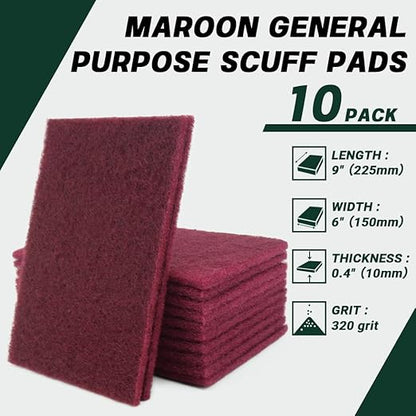 6" x 9" Maroon General Purpose Scuff Pads, 10 Pack – Non-Woven Hand Pads for Scuffing, Scouring, Sanding, Cleaning, Blending & Paint Surface Prep on Auto Body – Reusable Aluminum Oxide Abrasive Pads