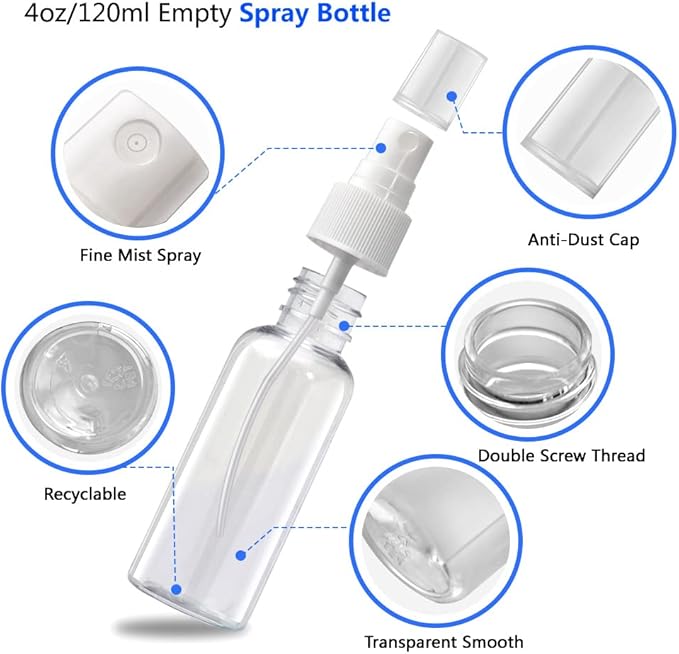 4oz Empty Spray Bottles, Small Plastic Travel Bottles Set for Liquids, Refillable Hand Spritzer Clear Alcohol Pump Bottles for Liquids with Small Funnel (3 Pieces)