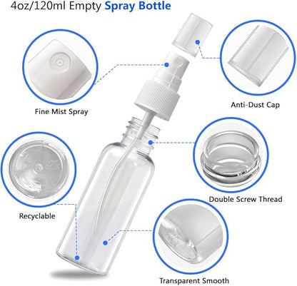 4oz Empty Spray Bottles, Small Plastic Travel Bottles Set for Liquids, Refillable Hand Spritzer Clear Alcohol Pump Bottles for Liquids with Small Funnel (3 Pieces)