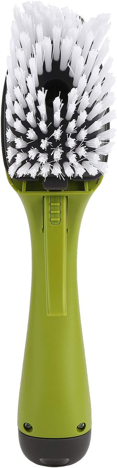 Zerodis Brushes Long Handle Scrub Brush Soap Dispening Tool Suitable for Sinks Countertops Grout Lines Pan Dish Washing Pot Brush with Pot (Green)