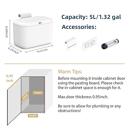 MUEE Compost Bin Kitchen for Counter Top or Under Sink, Hanging Small Trash Can with Lid [1.3 Gal/5L], Food Waste Bin, Mountable Garbage Can for Cupboard/Bathroom/Bedroom/Office/RV, Matte White