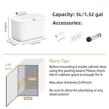 MUEE Compost Bin Kitchen for Counter Top or Under Sink, Hanging Small Trash Can with Lid [1.3 Gal/5L], Food Waste Bin, Mountable Garbage Can for Cupboard/Bathroom/Bedroom/Office/RV, Matte White