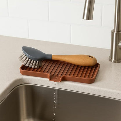 Silicone Soap Dish Tray and Sponge Holder with Drain Chute, Rectangular, Kitchen and Bathroom Sink Organizer (Dark Chocolate, 9"x3.5")