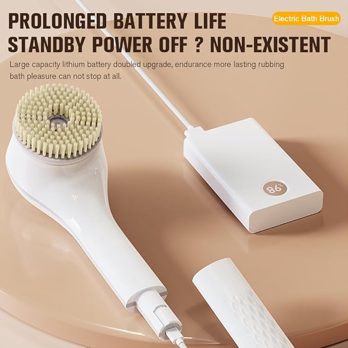 Electric Body Brush Set, Electric Body Brush for Shower, exfoliating Bath Brush with Long Handle, for Shower Lotion applicator, Back Silicone Body Scrub, with 6 Shower Brush Heads (White)