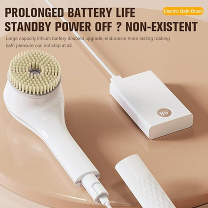Electric Body Brush Set, Electric Body Brush for Shower, exfoliating Bath Brush with Long Handle, for Shower Lotion applicator, Back Silicone Body Scrub, with 6 Shower Brush Heads (White)