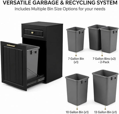 13 Gallon Pull Out Trash Can Cabinet with Drawer, Hidden Kitchen Garbage Cabinet, Freestanding Modern Farmhouse Waste Bin Furniture, Black