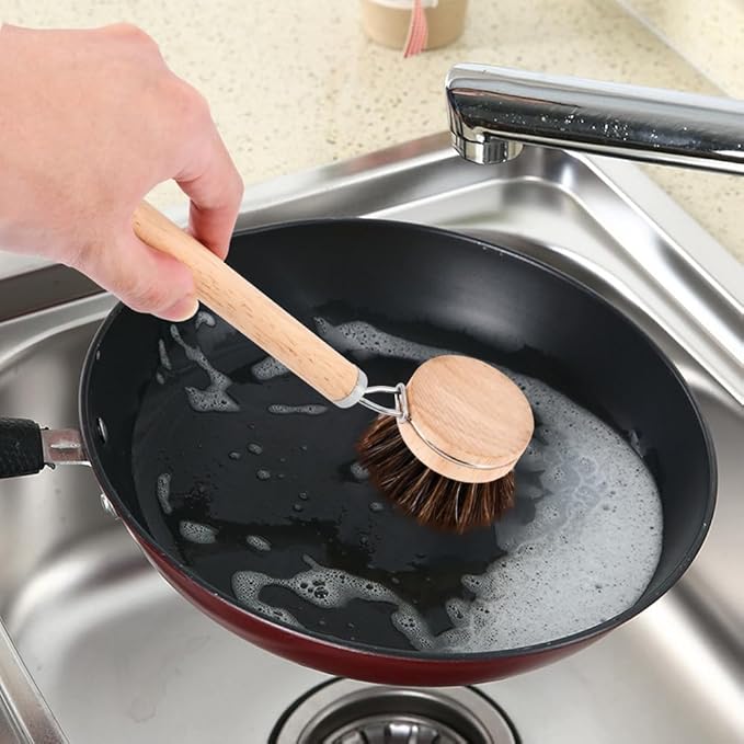 Bamboo Dish Brush with Handle,Natural Kitchen Brushes with 3pcs Replacement Heads, Horsehair, Sisal, Palm,All Purpose Kitchen Scrub Brush,Fruit and Veggie Brush Scrubber