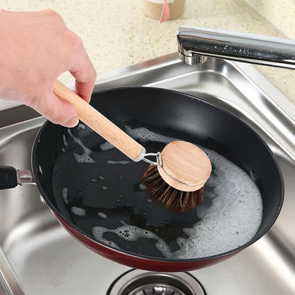 Bamboo Dish Brush with Handle,Natural Kitchen Brushes with 3pcs Replacement Heads, Horsehair, Sisal, Palm,All Purpose Kitchen Scrub Brush,Fruit and Veggie Brush Scrubber